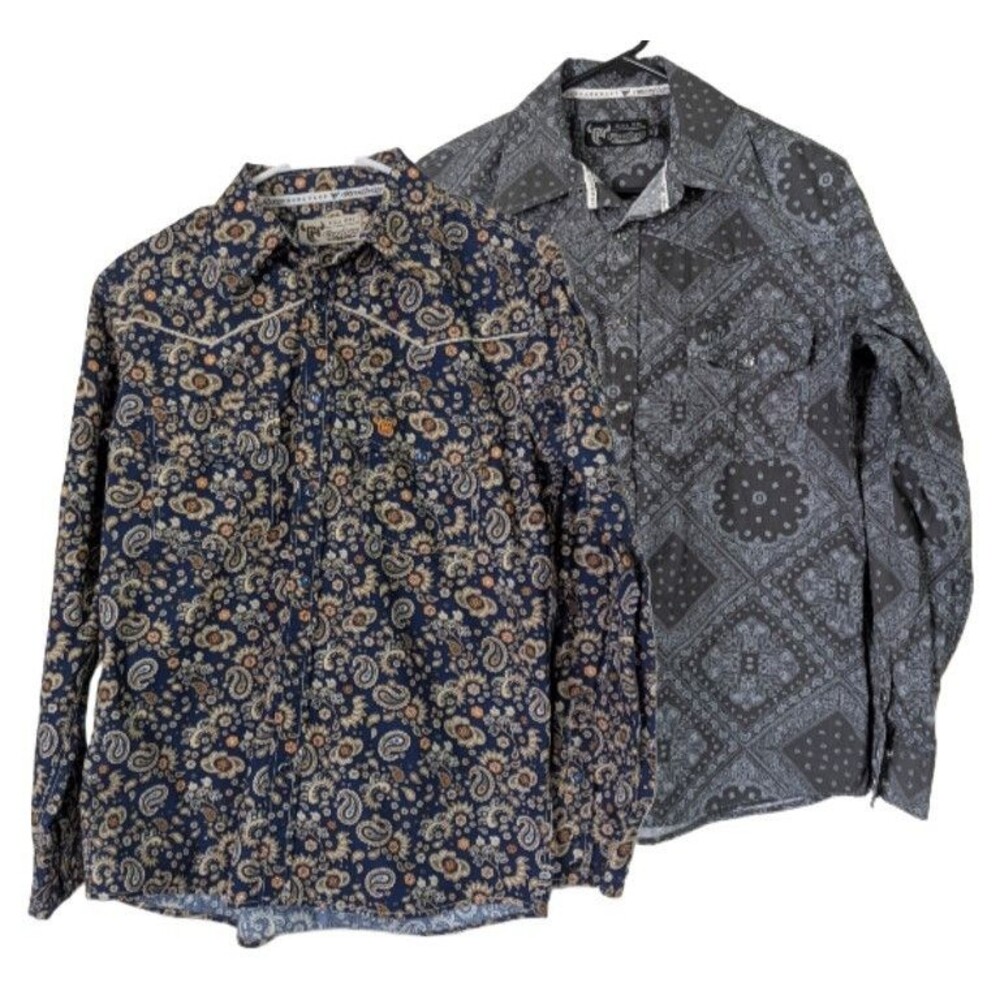 LOT OF 2 Cowboy Hardware Pearl Snap Western Shirt Mens Small Navy Gray Cowboy